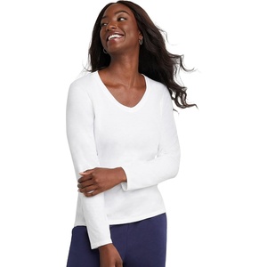Hanes Women’s Long Sleeve Cotton T-Shirt, Lightweight Crewneck and V-Neck Tee for Women, Modern Fit(White)
