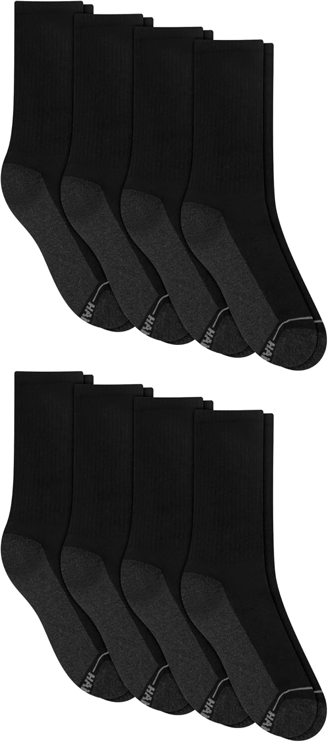 image:imageHanes Mens Crew amp Over the Calf Socks Pack Max Cushioned Moisturewicking Stay Dry Socks Athletic Socks 6 8 Or 12pairsBlack With Gray Logo 8 Pack