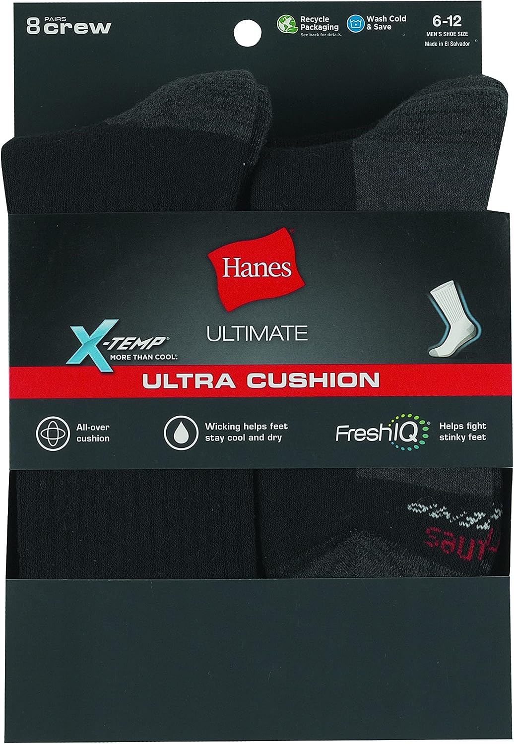 image:imageHanes Mens Crew amp Over the Calf Socks Pack Max Cushioned Moisturewicking Stay Dry Socks Athletic Socks 6 8 Or 12pairsBlackGrey Foot Bottom