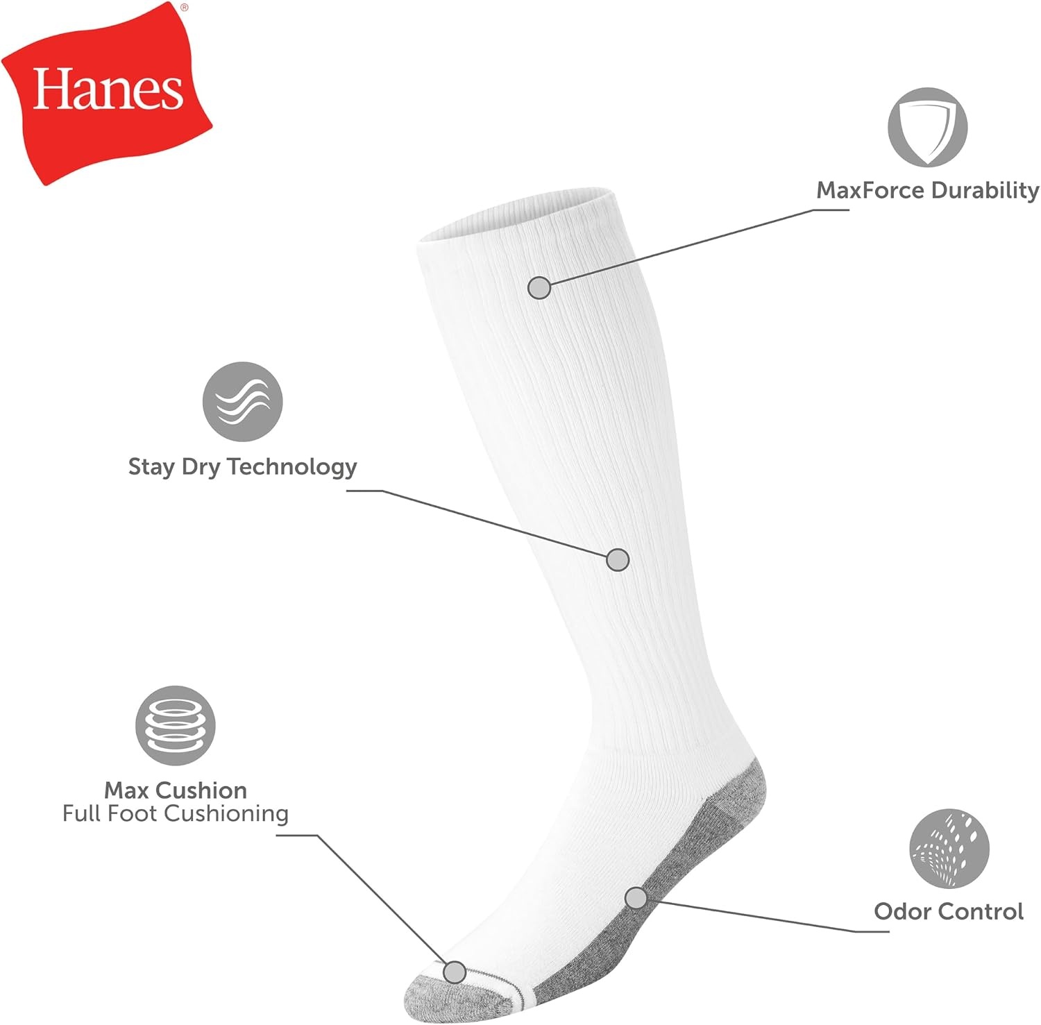 image:imageHanes Mens Crew amp Over the Calf Socks Pack Max Cushioned Moisturewicking Stay Dry Socks Athletic Socks 6 8 Or 12pairsWhite With Gray Logo 6 Pack