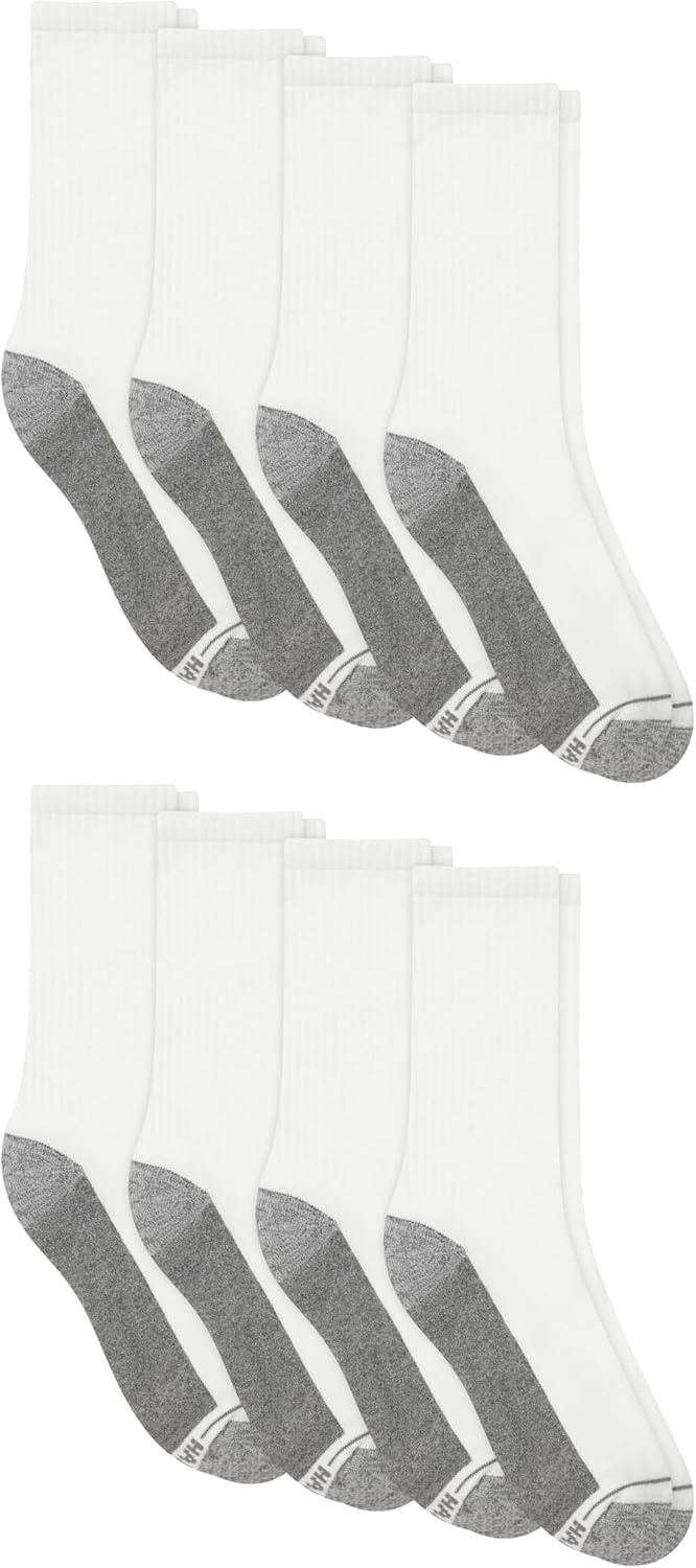 image:imageHanes Mens Crew amp Over the Calf Socks Pack Max Cushioned Moisturewicking Stay Dry Socks Athletic Socks 6 8 Or 12pairsWhite With Gray Logo 8 Pack
