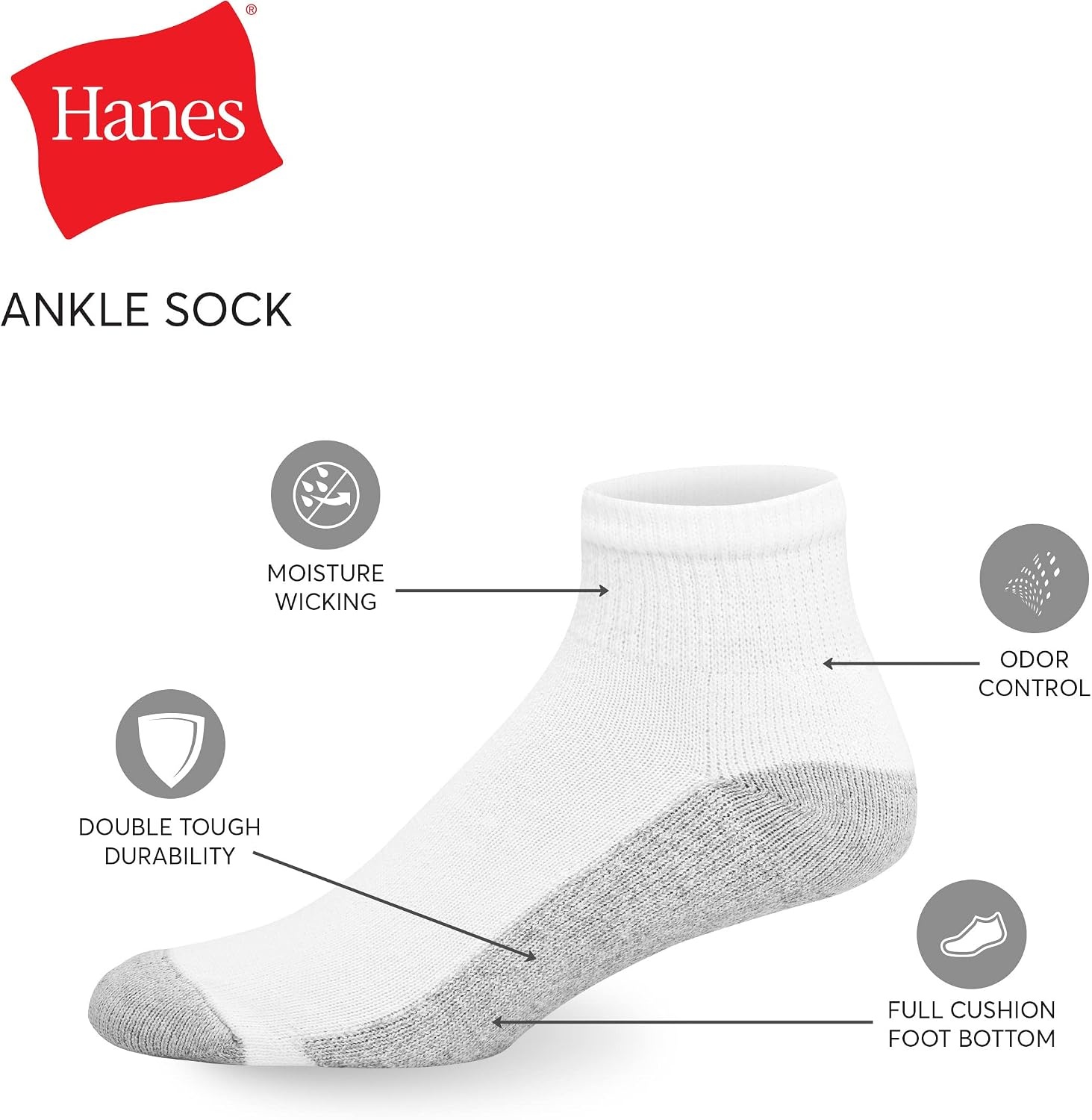 image:imageHanes Mens Double Tough Ankle Socks Moisture Wicking Socks MultipackBlack 12 Pair