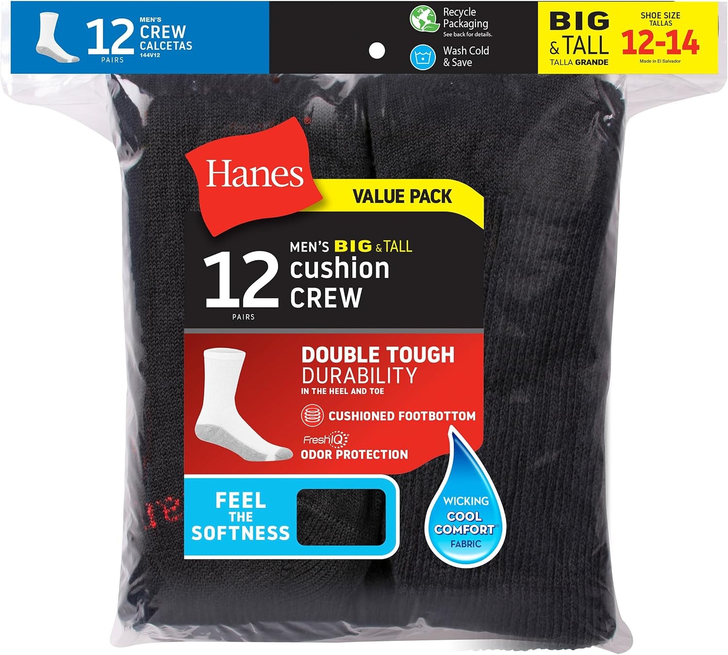 image:imageHanes Mens Double Tough Crew Socks Moisture Wicking Socks MultipackBlack 12 Pair