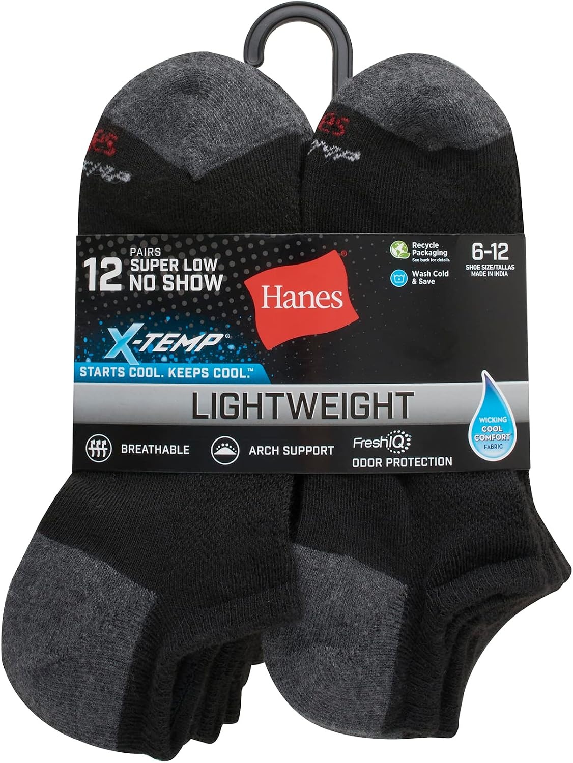 image:imageHanes Mens Socks Active Cool Xtemp Lightweight Moisturewicking Cushioned Ankle Crew and No Show 12 and 14 Pair PacksBlack