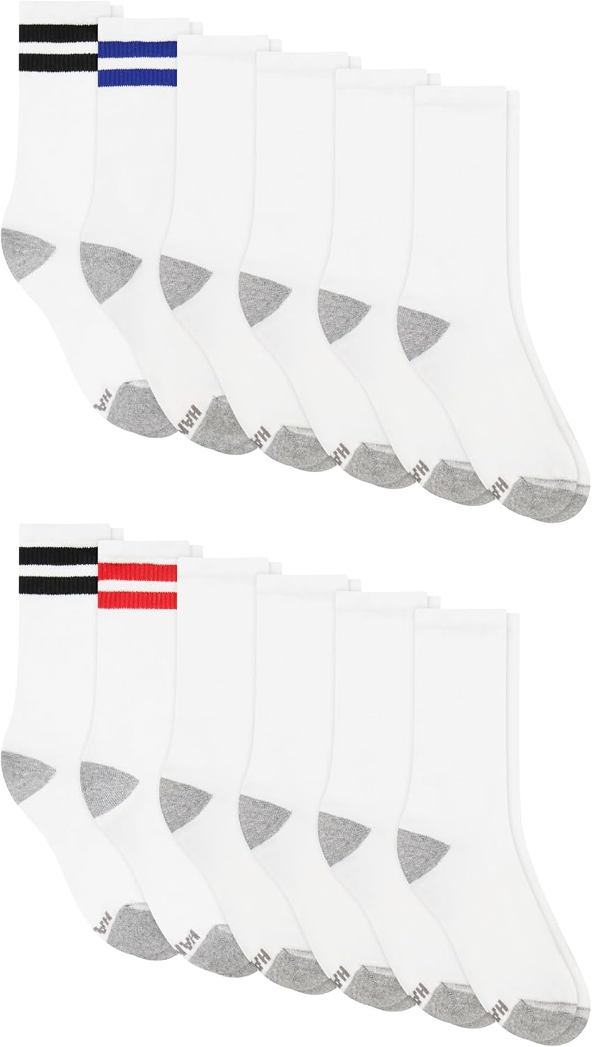 image:imageHanes Mens Socks Active Cool Xtemp Lightweight Moisturewicking Cushioned Ankle Crew and No Show 12 and 14 Pair PacksWhite Stripe Crew 14 Pair