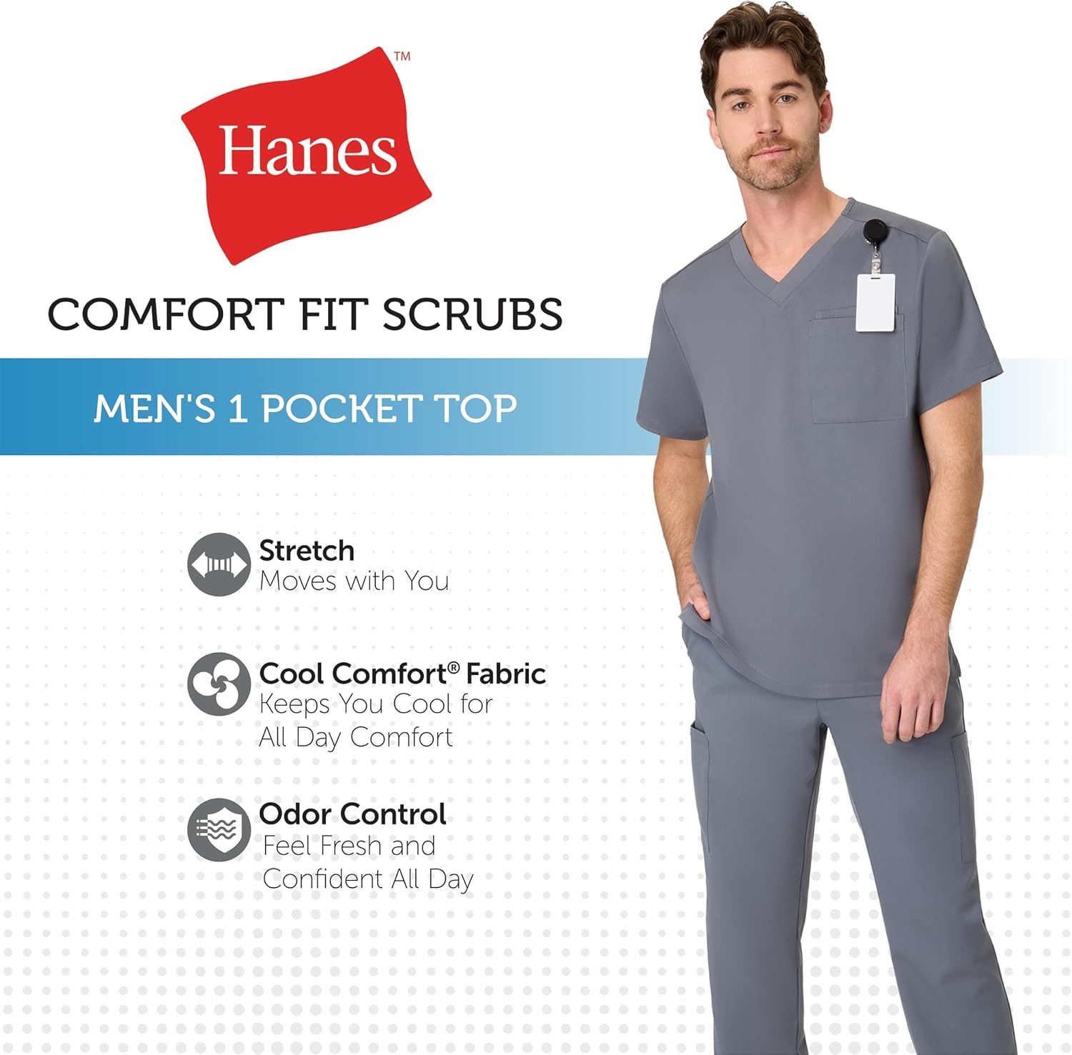 image:imageHanes Mens Scrub Top Comfort Fit Healthcare Top with Chest PocketSlate Grey