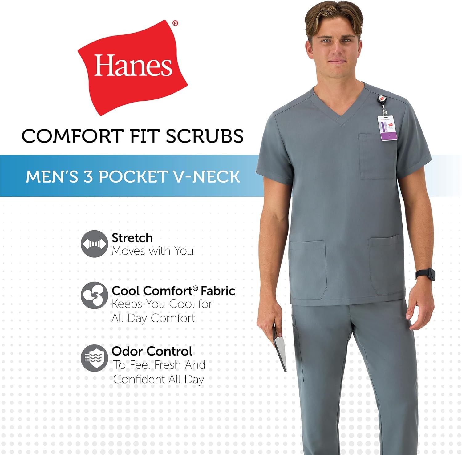 image:imageHanes Mens Scrubs Healthcare Top MoistureWicking Stretch Scrub Shirts for Men Odor ControlNew Ebony