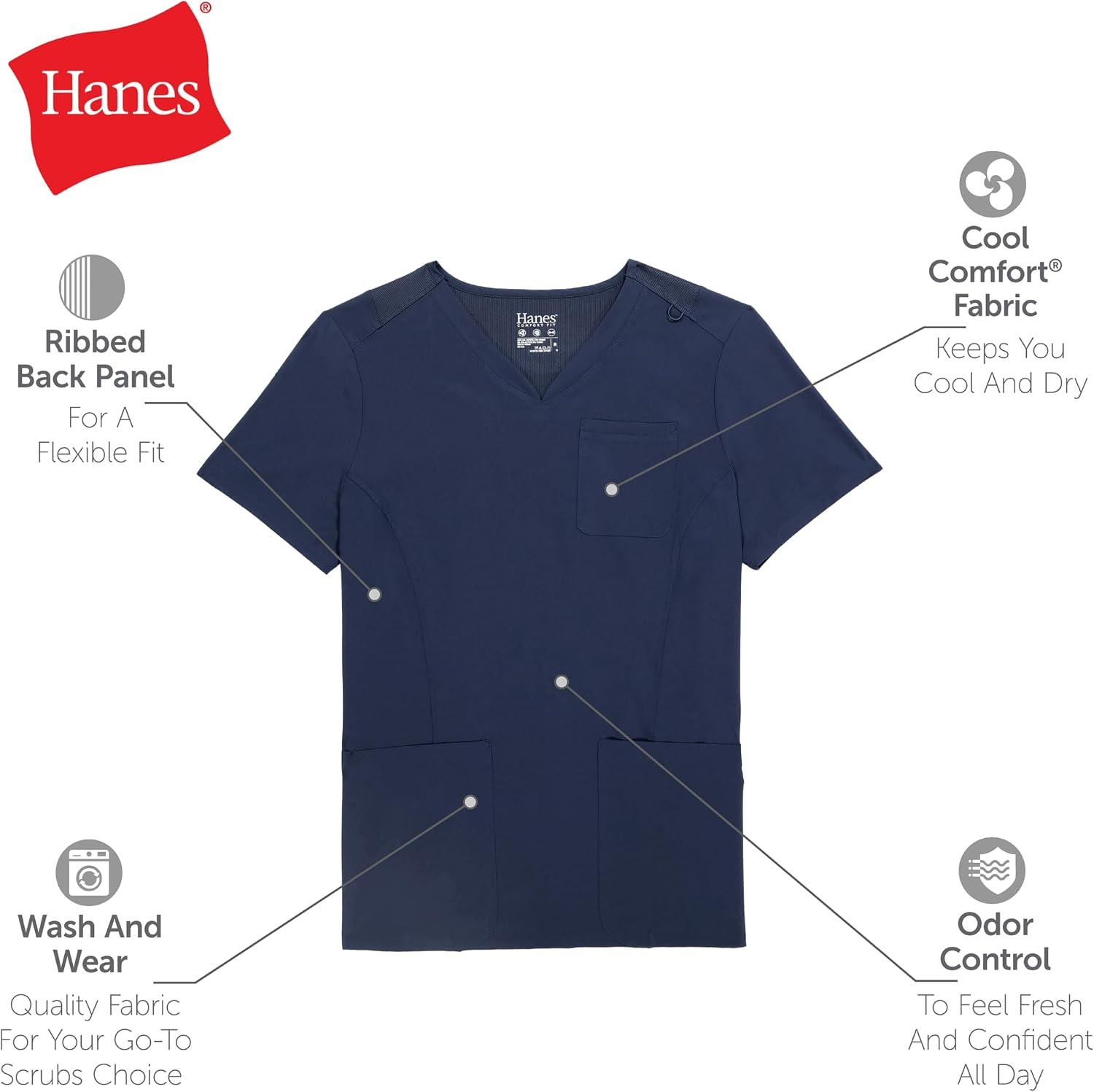 image:imageHanes Womens Scrubs Healthcare Top MoistureWicking Stretch Scrub Shirts Ribbed Back PanelEbony Heather