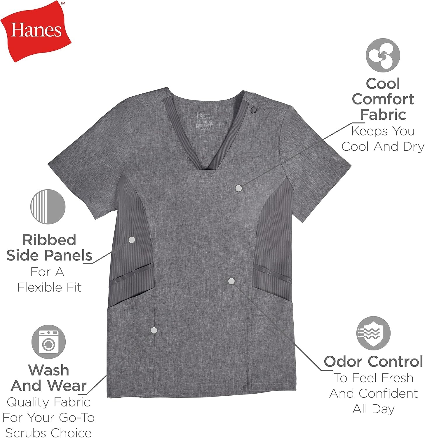 image:imageHanes Womens Scrubs Healthcare Top MoistureWicking Stretch Scrub Shirts Ribbed Side PanelsCeil Blue 2