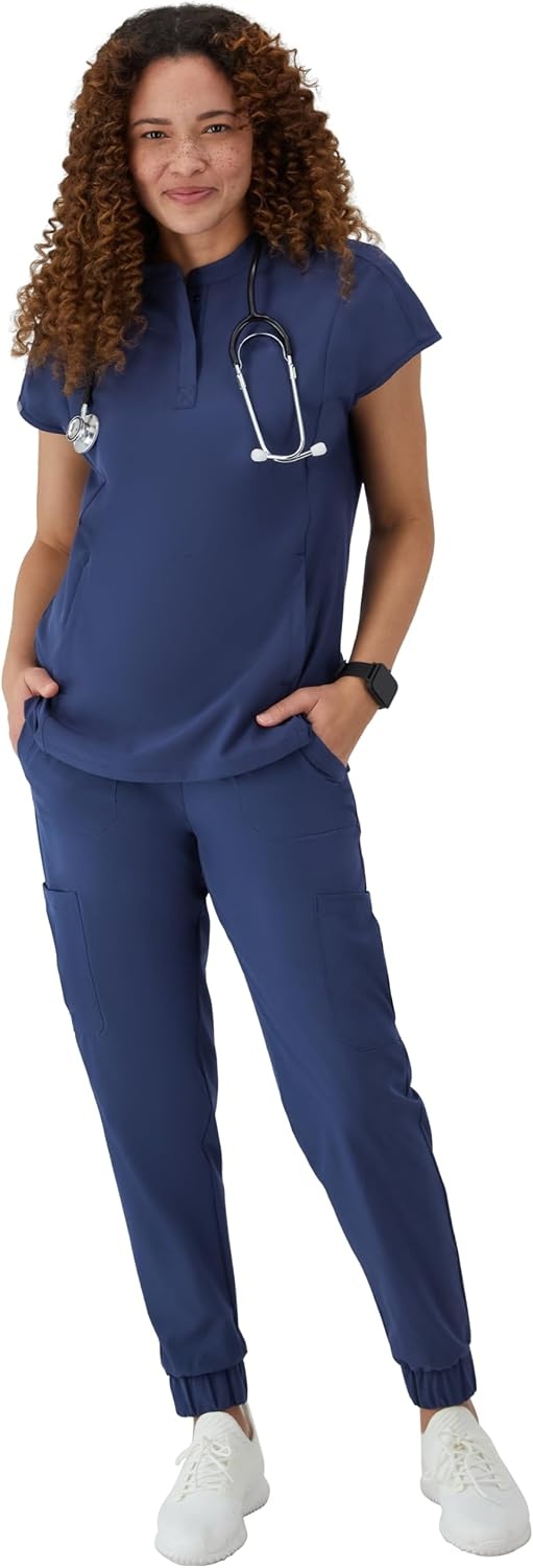 image:imageHanes Womens Scrubs Healthcare Top with Mandarin Collar MoistureWicking Stretch Scrub ShirtAthletic Navy