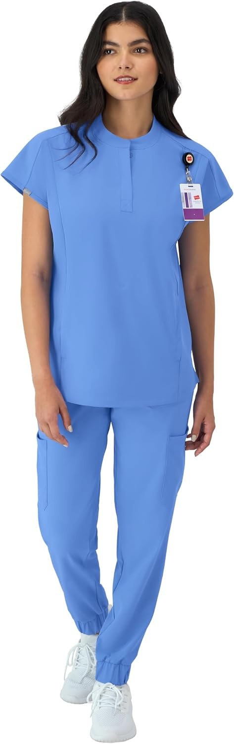 image:imageHanes Womens Scrubs Healthcare Top with Mandarin Collar MoistureWicking Stretch Scrub ShirtCeil Blue 2