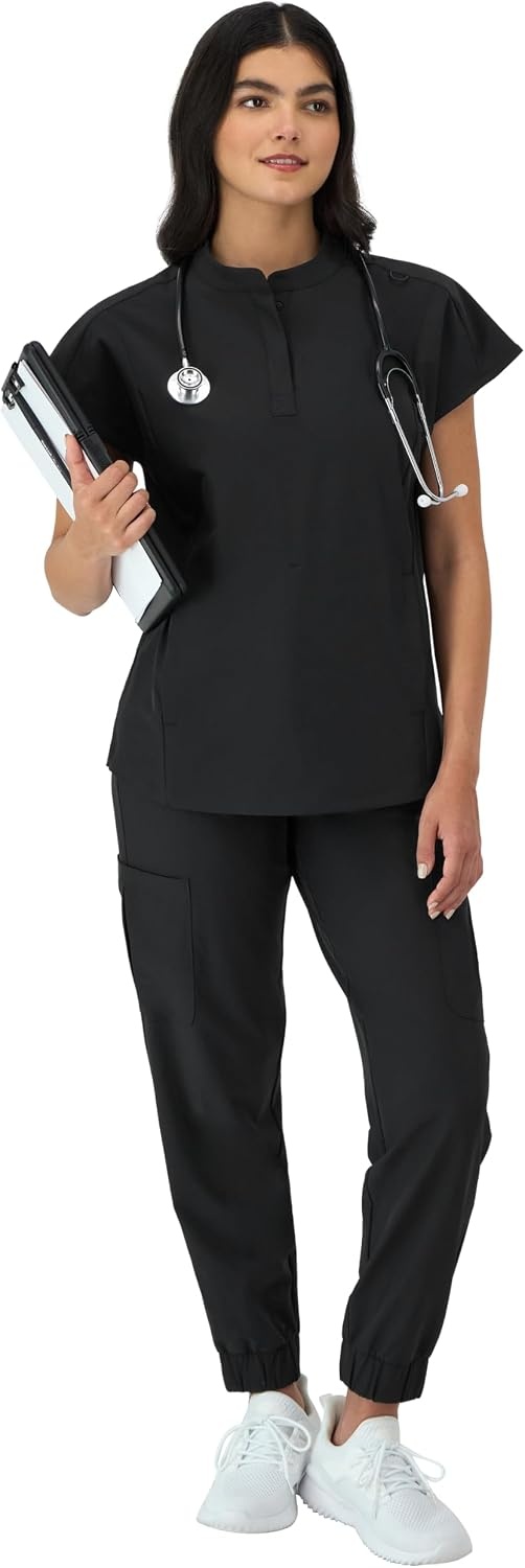 image:imageHanes Womens Scrubs Healthcare Top with Mandarin Collar MoistureWicking Stretch Scrub ShirtNew Ebony