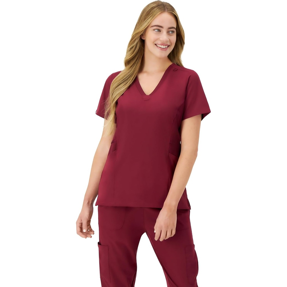 image:imageHanes Womens Scrubs Healthcare Top MoistureWicking Stretch Scrub Shirts Ribbed Side PanelsAfternoon Burgundy