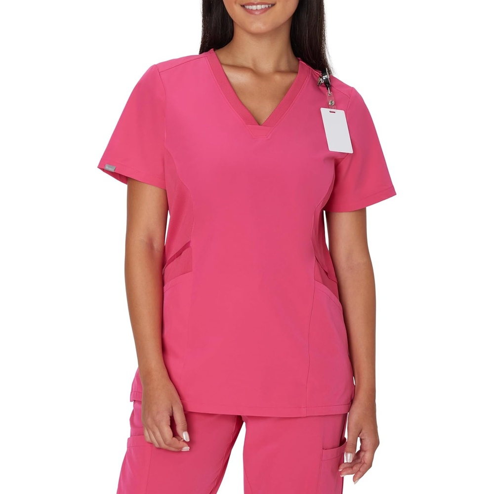 image:imageHanes Womens Scrubs Healthcare Top MoistureWicking Stretch Scrub Shirts Ribbed Side PanelsFuchsia Pink