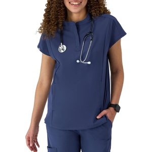 Hanes Women’s Scrubs Healthcare Top with Mandarin Collar, Moisture-Wicking Stretch Scrub Shirt(Athletic Navy)