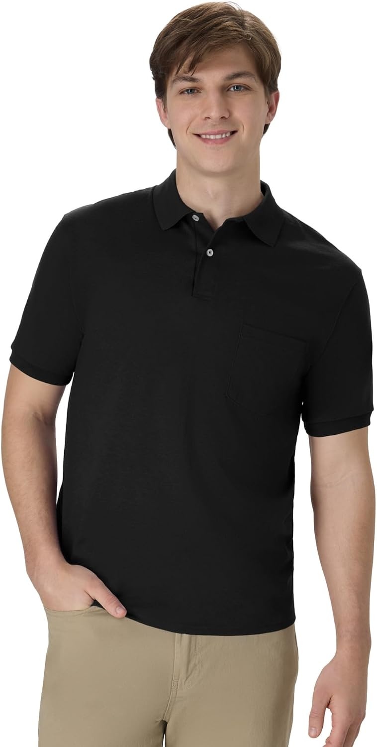 image:imageHanes Mens Short Sleeve Jersey Pocket Polo Pack of 2Black