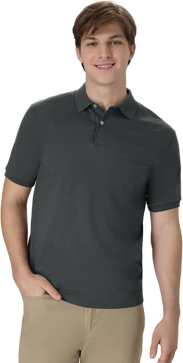 image:imageHanes Mens Short Sleeve Jersey Pocket Polo Pack of 2Charcoal Heather