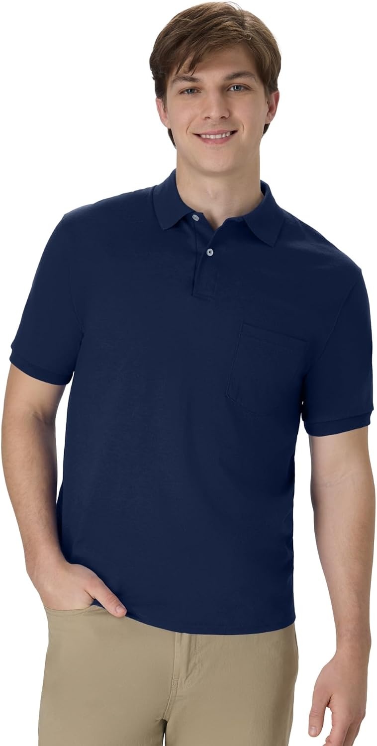 image:imageHanes Mens Short Sleeve Jersey Pocket Polo Pack of 2Navy