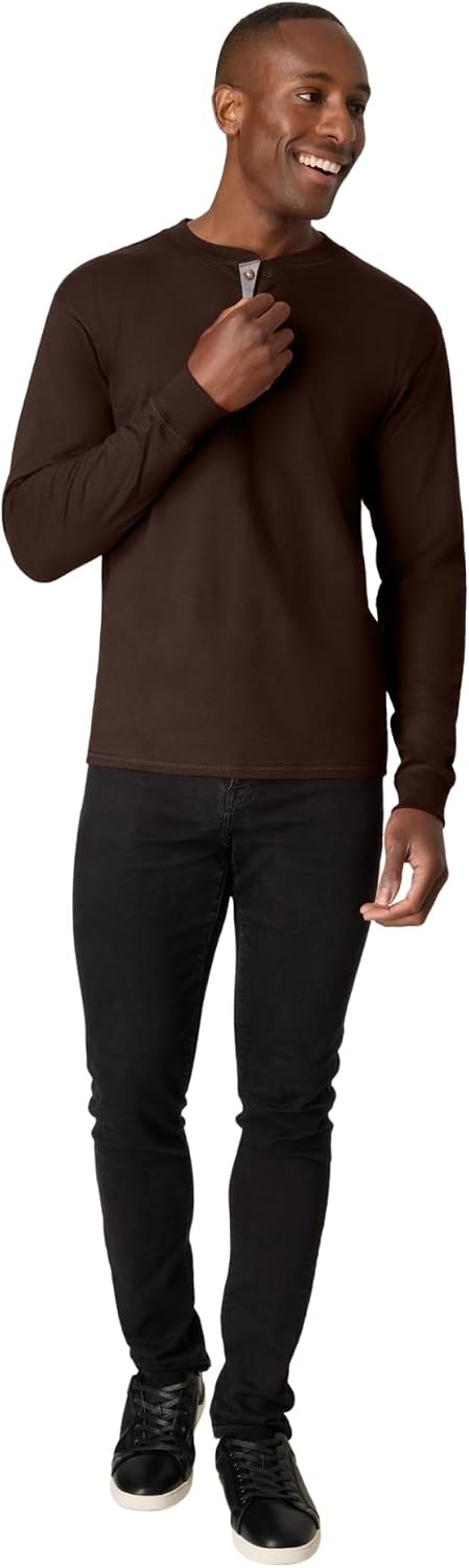 image:imageHanes Mens TShirts Mens Beefyt Henley Shirts Mens Cotton Long Sleeve ShirtsDark Truffle
