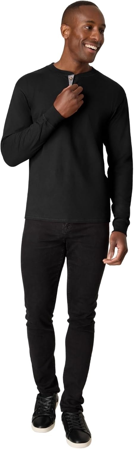 image:imageHanes Mens TShirts Mens Beefyt Henley Shirts Mens Cotton Long Sleeve ShirtsEbony
