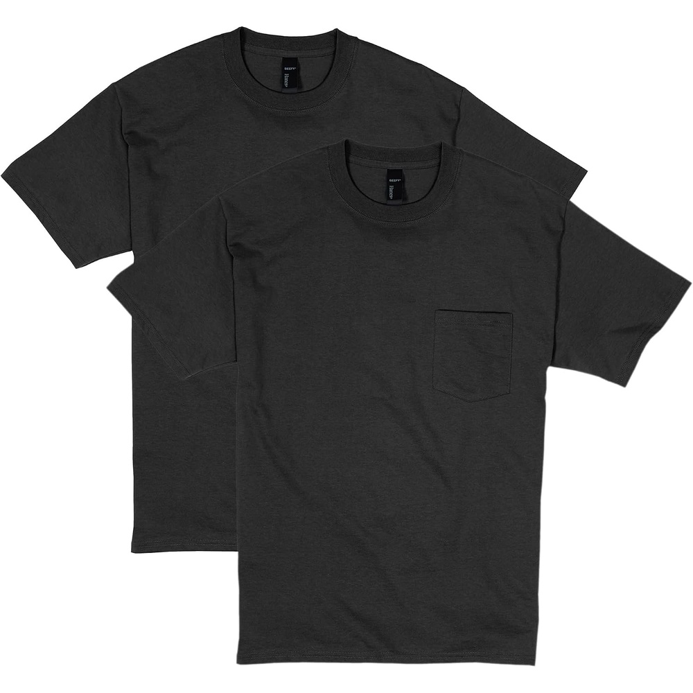 image:imageHanes Mens Beefyt Pocket Heavyweight Cotton Pocket Tee for Men FullCut TShirt 1 Or 2 PackBlack  2 Pack