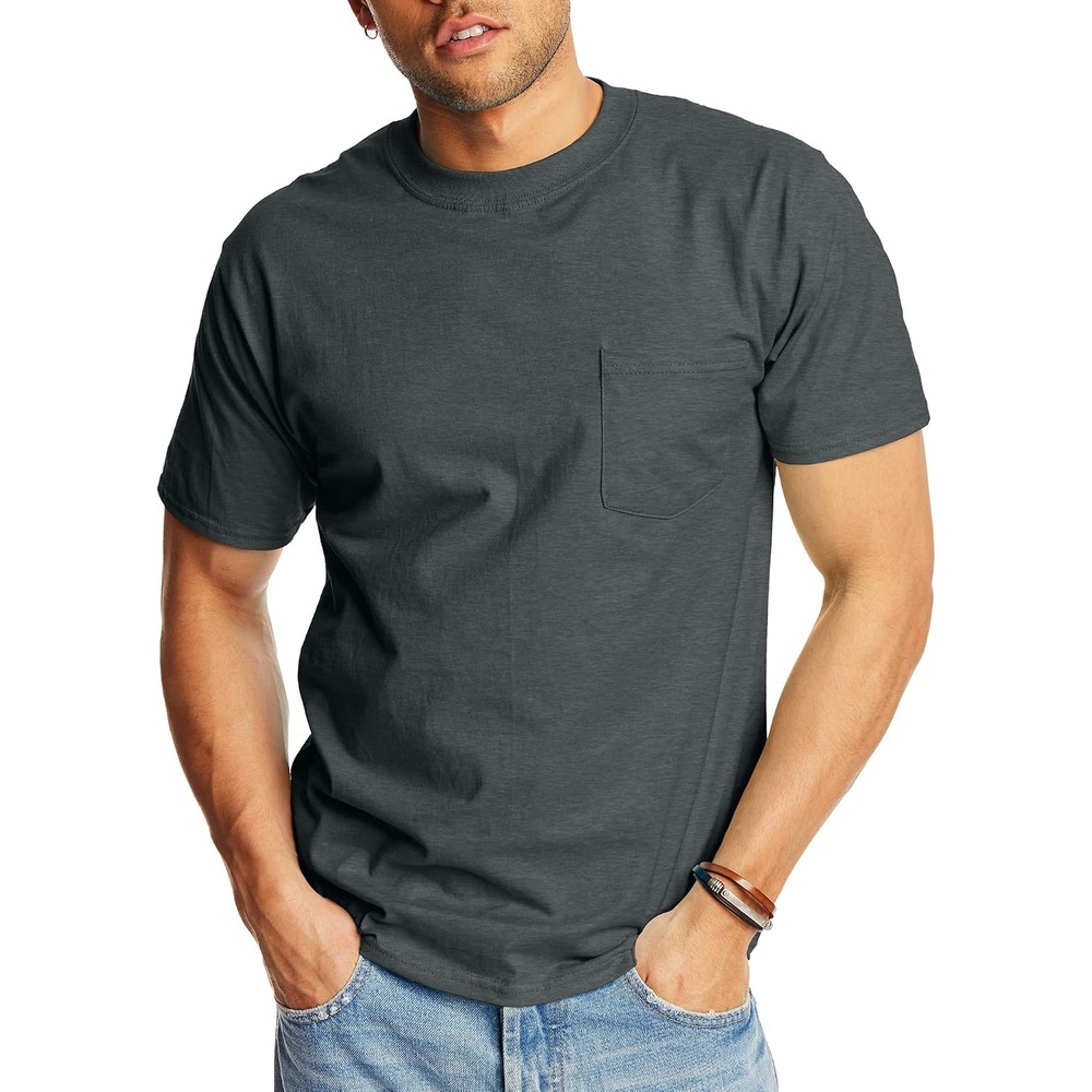 image:imageHanes Mens Beefyt Pocket Heavyweight Cotton Pocket Tee for Men FullCut TShirt 1 Or 2 PackCharcoal Heather 1 Pack