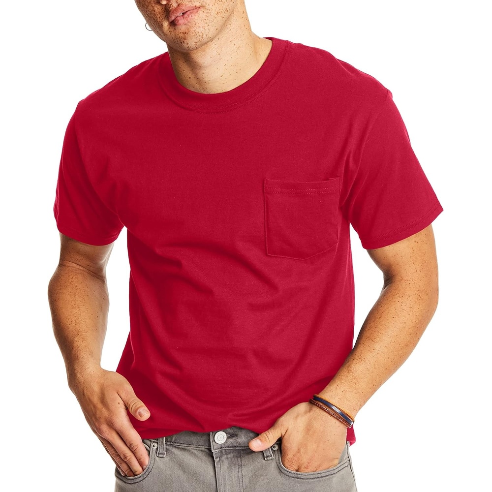 image:imageHanes Mens Beefyt Pocket Heavyweight Cotton Pocket Tee for Men FullCut TShirt 1 Or 2 PackDeep Red 1 Pack