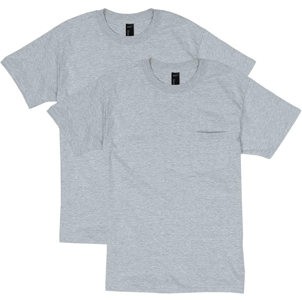 image:imageHanes Mens Beefyt Pocket Heavyweight Cotton Pocket Tee for Men FullCut TShirt 1 Or 2 PackLight Steel 2 Pack
