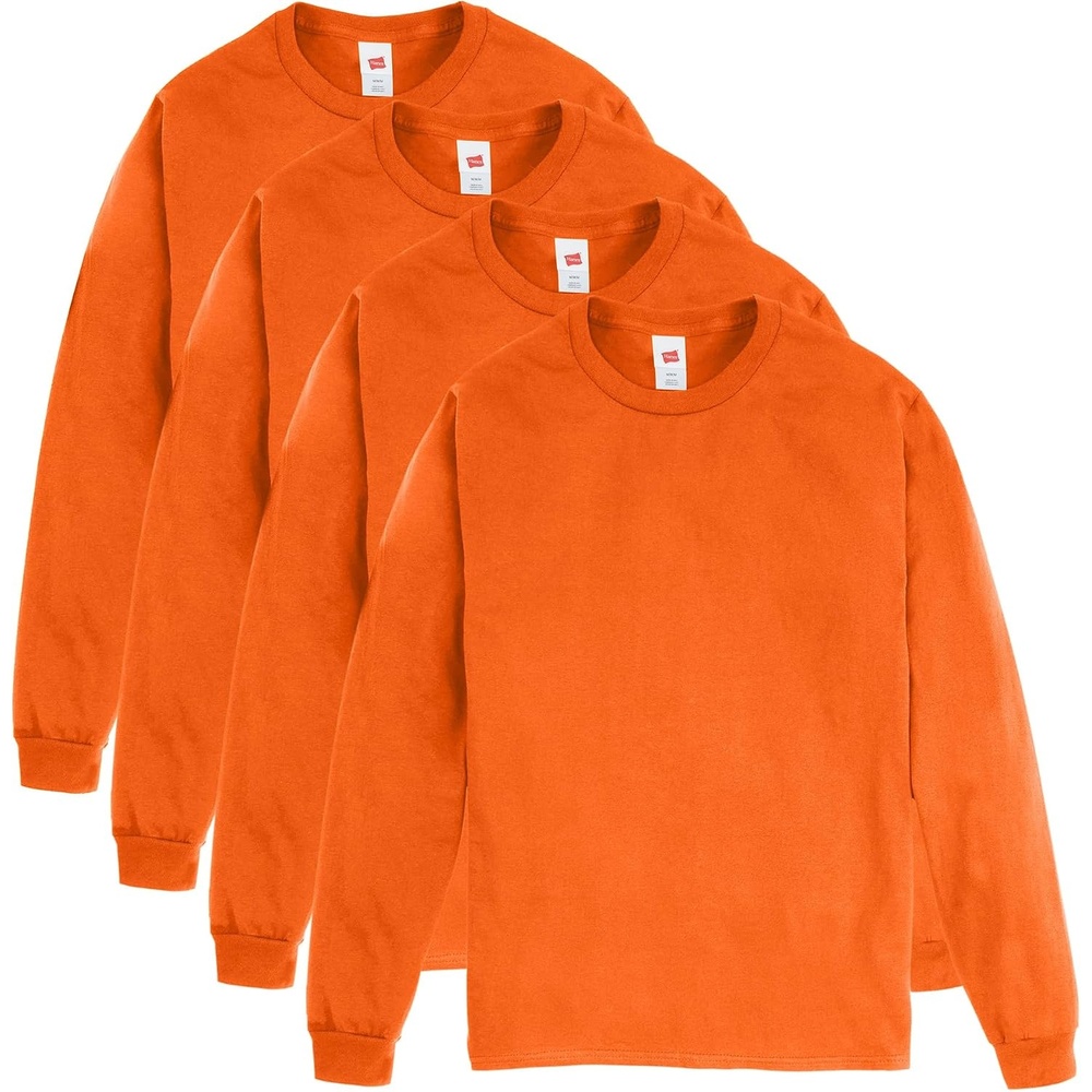 image:imageHanes Mens Essentials LongSleeve TShirt Crewneck Cotton TShirts for Men 2PackSafety Orange 4 Pack