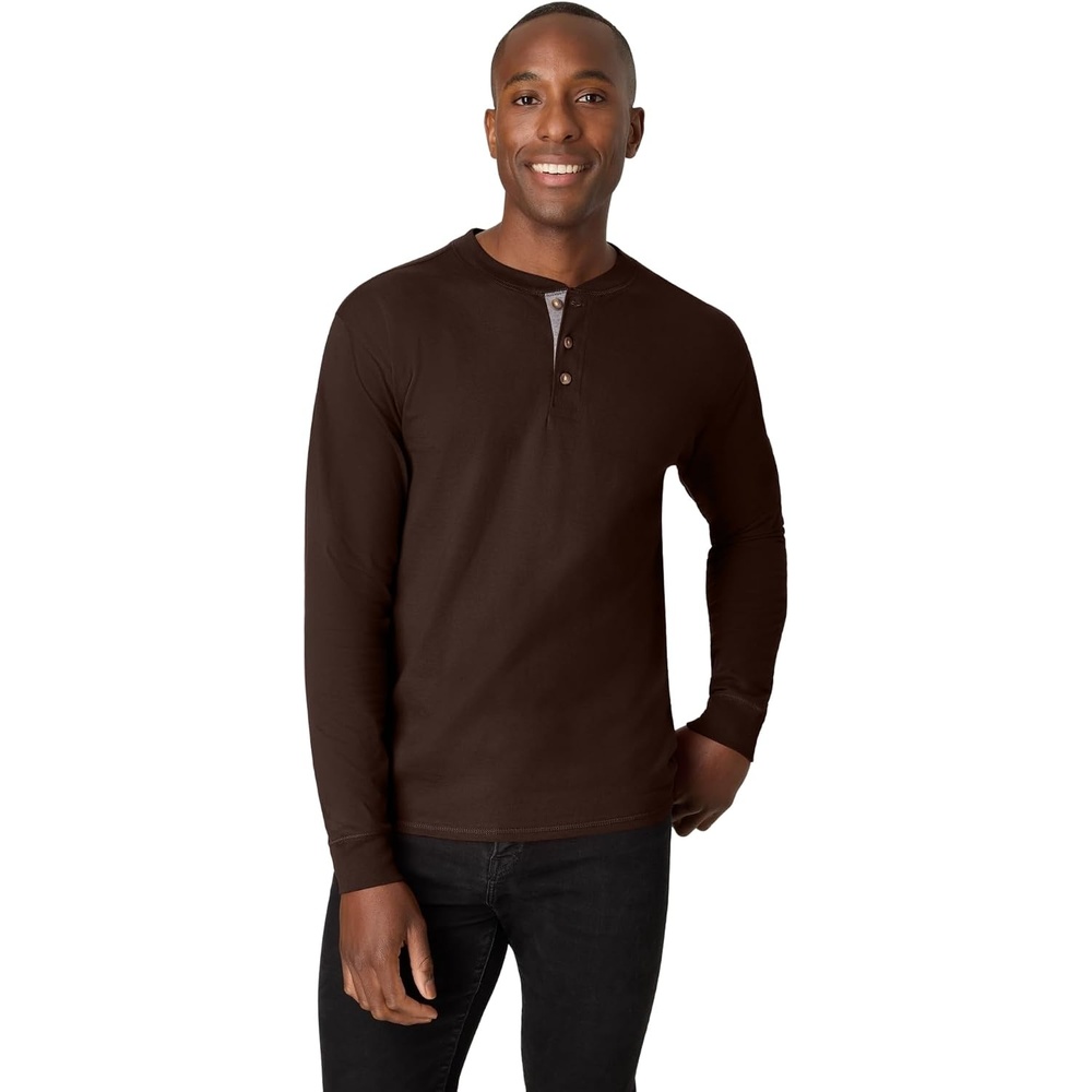 image:imageHanes Mens TShirts Mens Beefyt Henley Shirts Mens Cotton Long Sleeve ShirtsDark Truffle