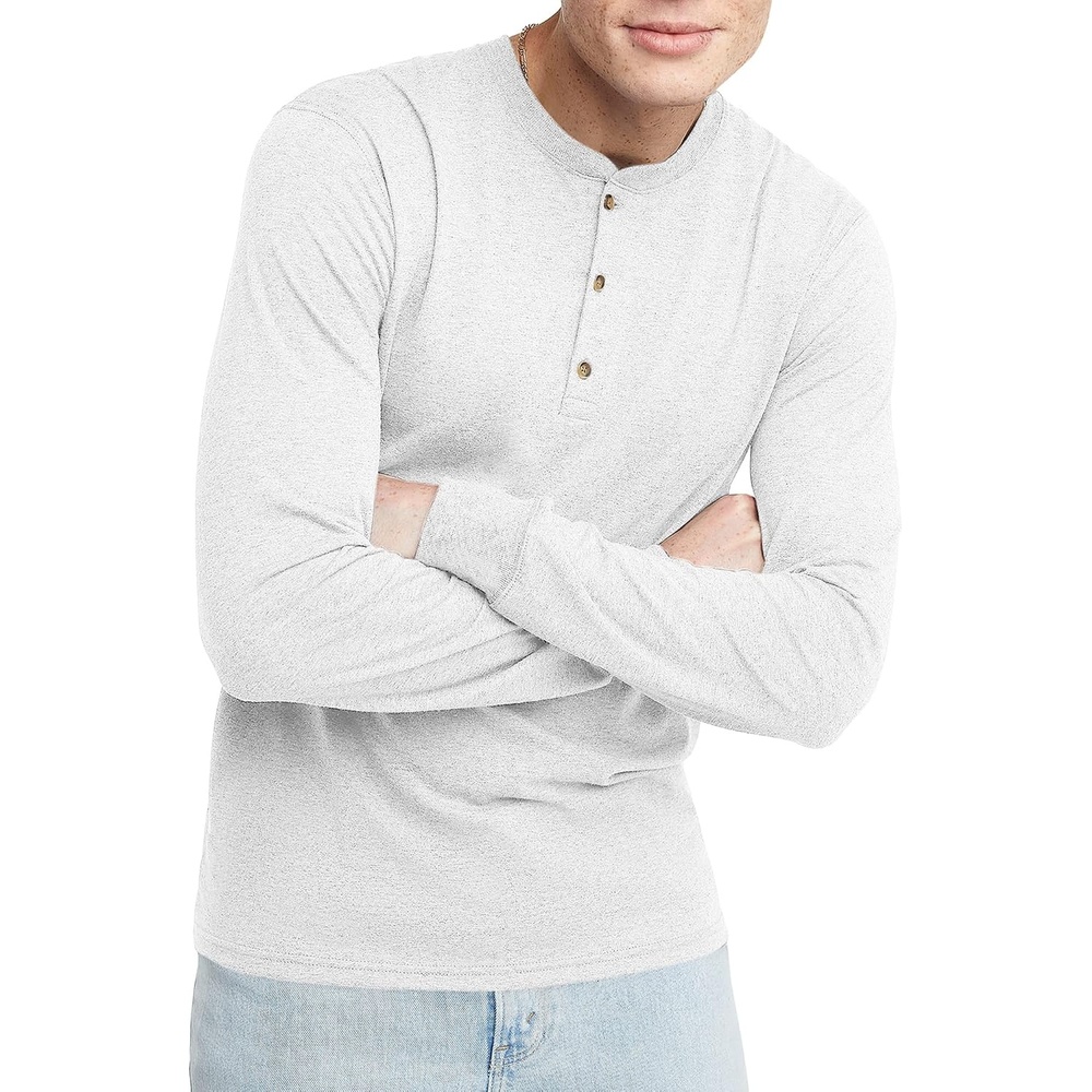 image:imageHanes Originals Mens TriBlend Long Sleeve Henley TShirt Lightweight Long Sleeve TeeEco White