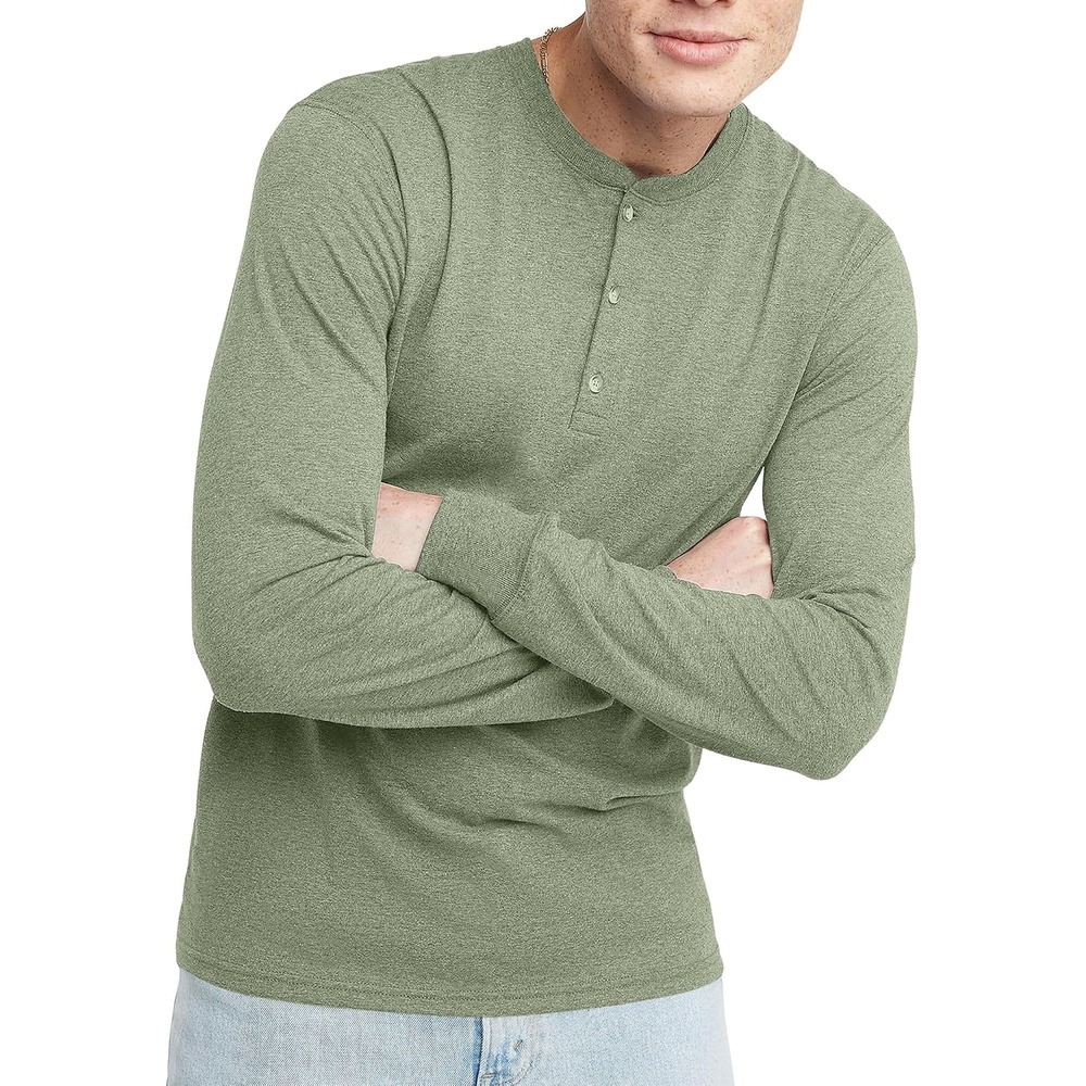 image:imageHanes Originals Mens TriBlend Long Sleeve Henley TShirt Lightweight Long Sleeve TeeEquilibrium Green Pe Heather