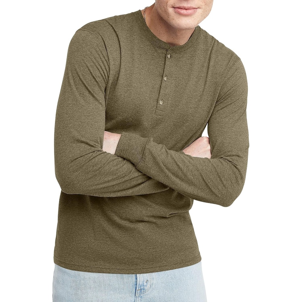 image:imageHanes Originals Mens TriBlend Long Sleeve Henley TShirt Lightweight Long Sleeve TeeOregano Pe Heather
